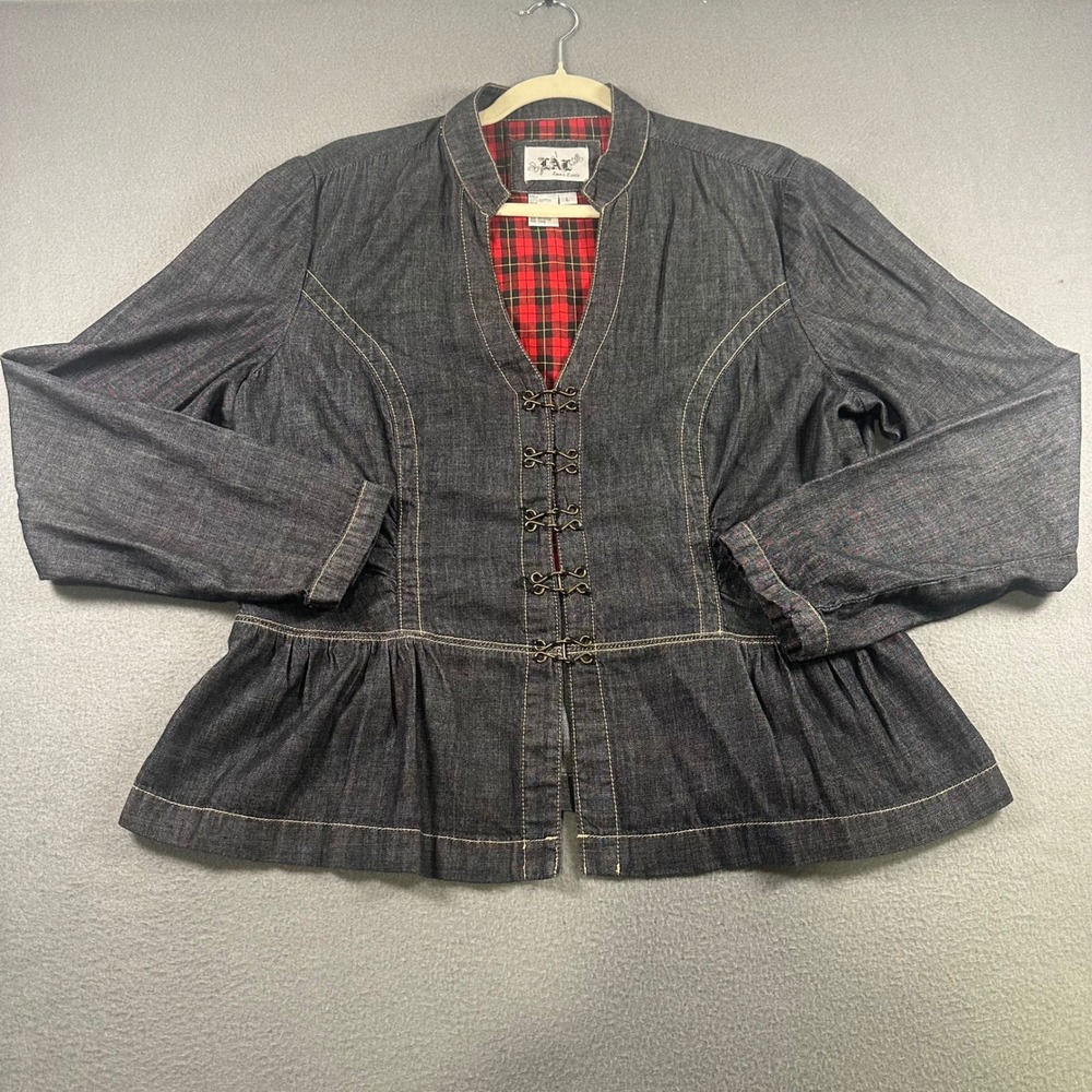 Live a Little Denim Peplum Jacket Dark Wash Plaid Lined Hook Eye Closure Large